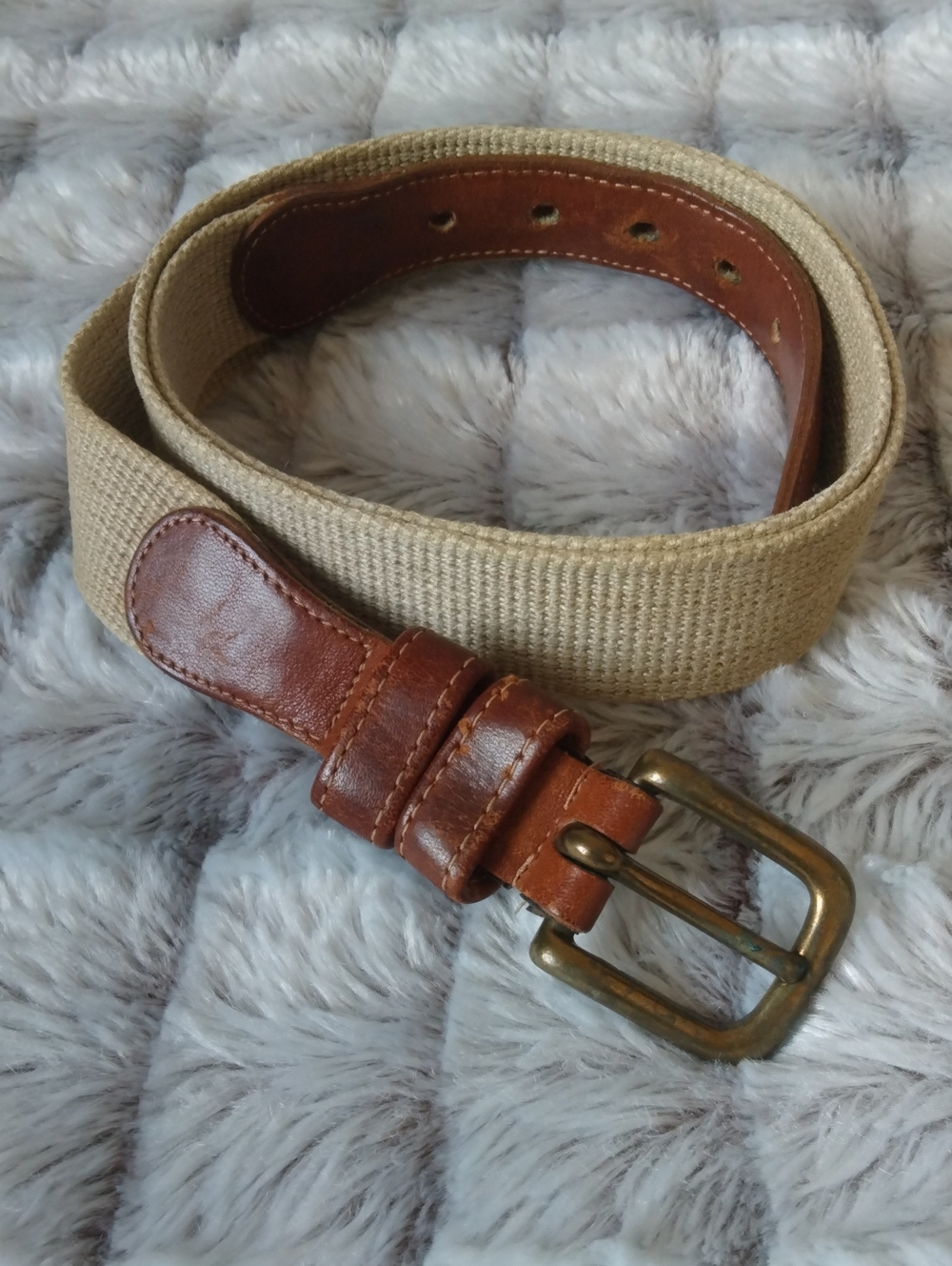 Coach Beige Canvas and Brown Leather Belt with Brass Buckle
